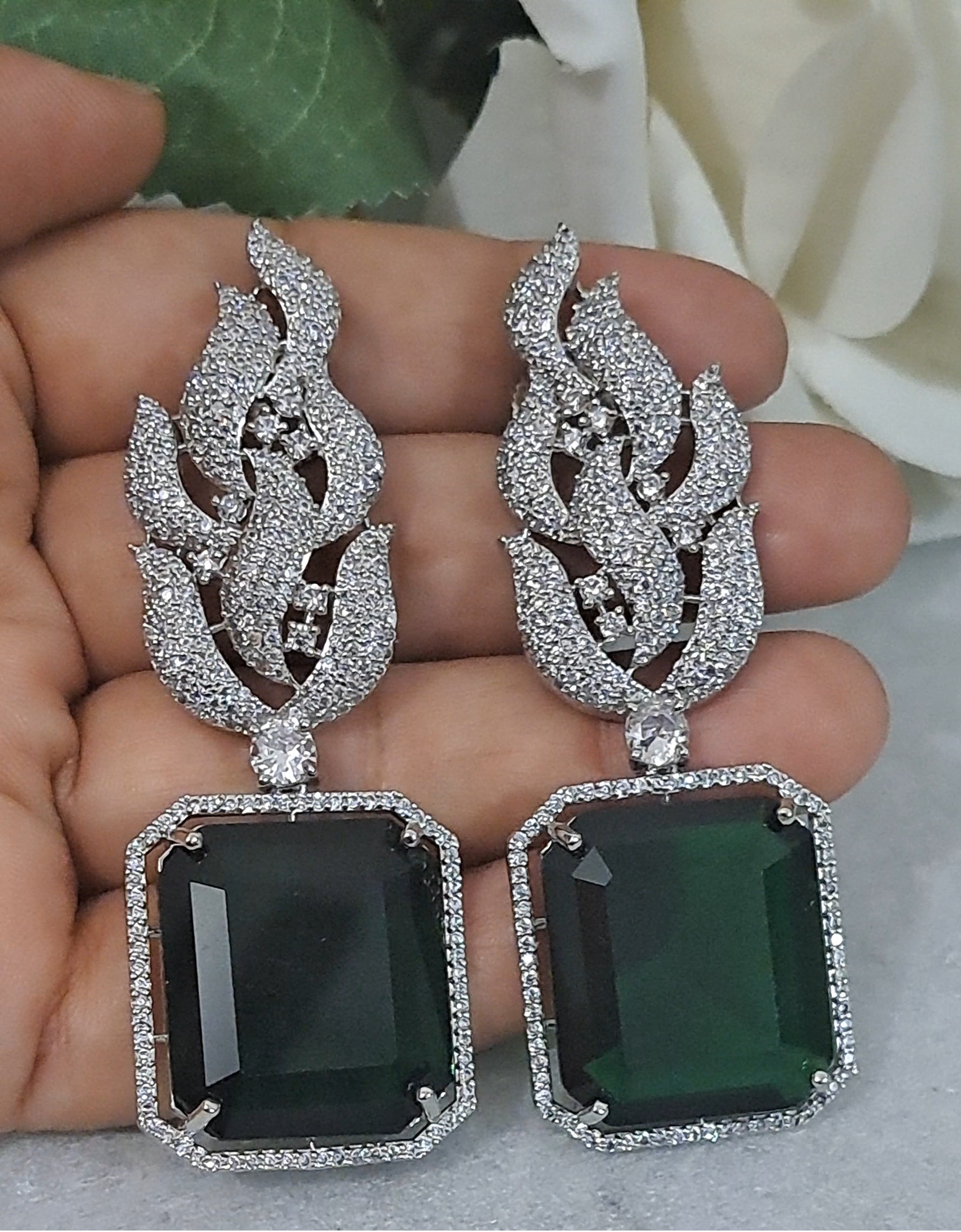 A Big Square Grey Color AD earrings for Wholesale - Dark Green