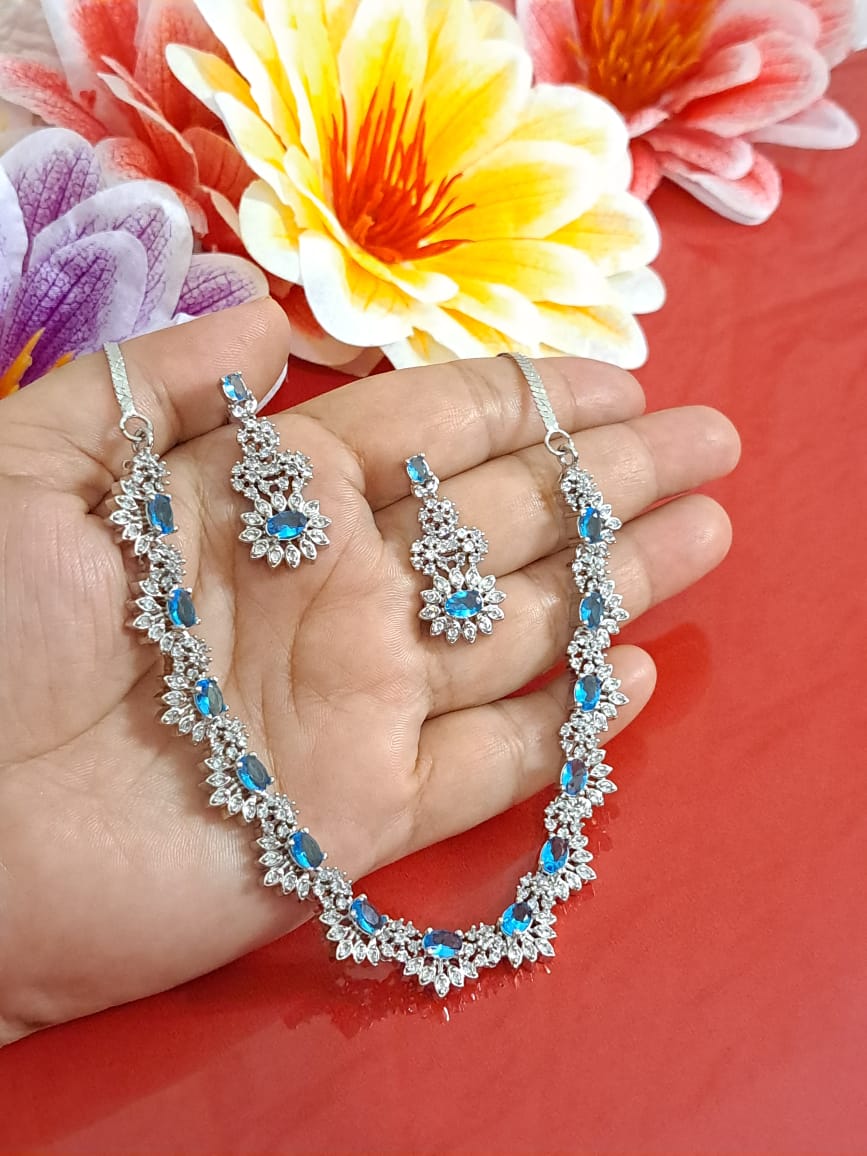 Elegant Slender Oval Stone with Half Flower Design AD Necklace - Acqua