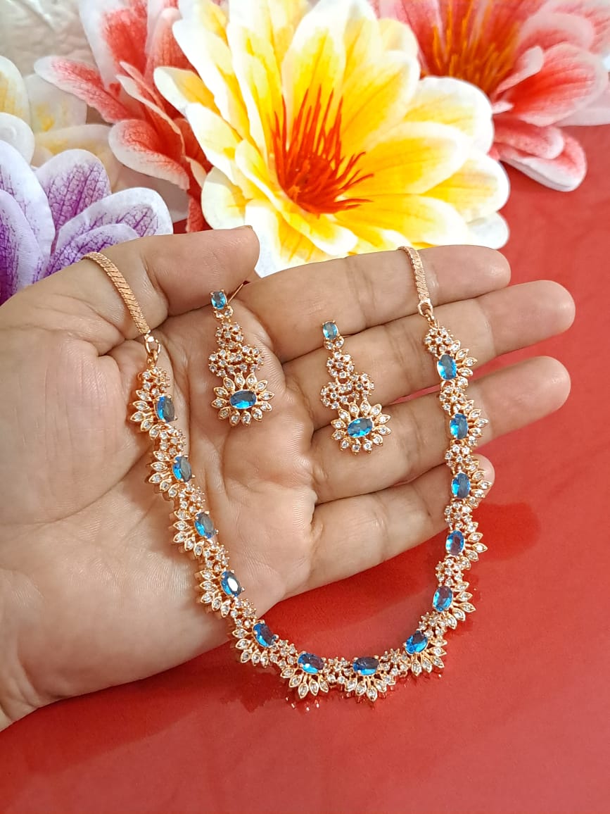 StarDivine Rose Gold American Diamond Budget Necklace - Light blue