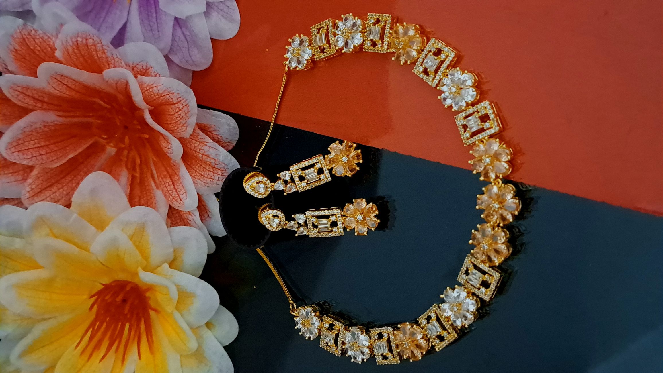 A Floral American Diamond Small Necklace under 1000 - Champagne
