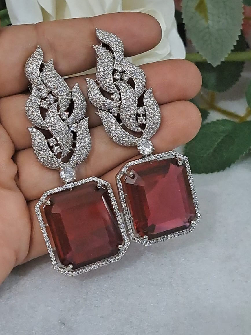 A Big Square Grey Color AD earrings for Wholesale - Red