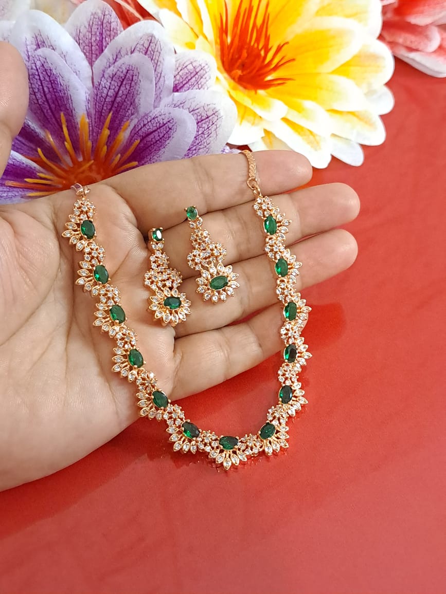 StarDivine Rose Gold American Diamond Budget Necklace - Green