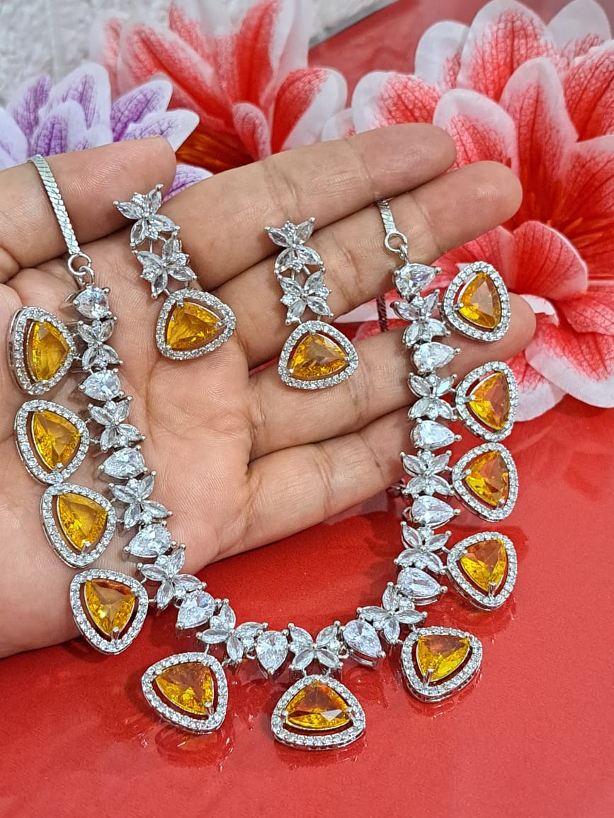 Wedding Day Statement Necklace, Cubic Zircon Jewellery - Yellow