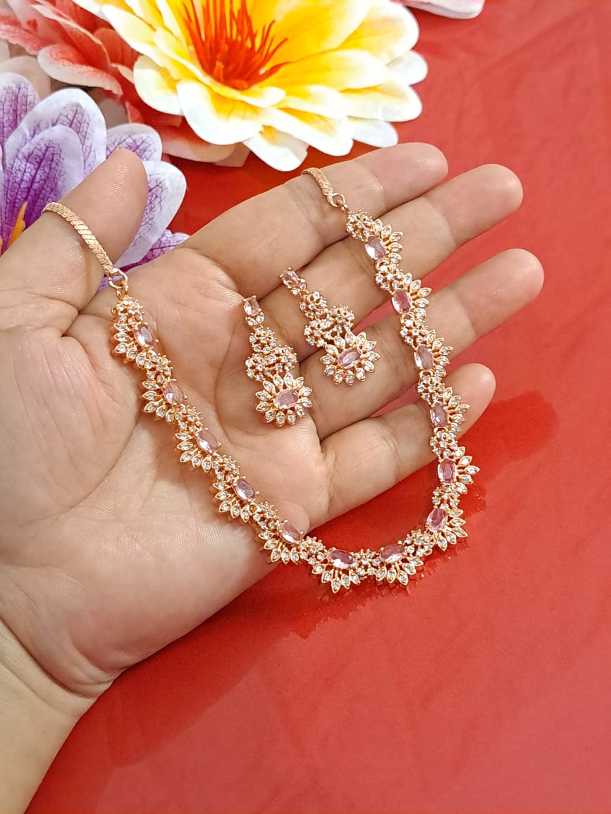 StarDivine Rose Gold American Diamond Budget Necklace - Pink