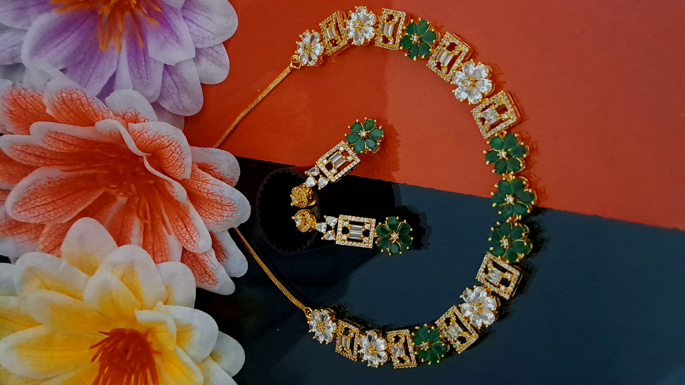 A Floral American Diamond Small Necklace under 1000 - Green
