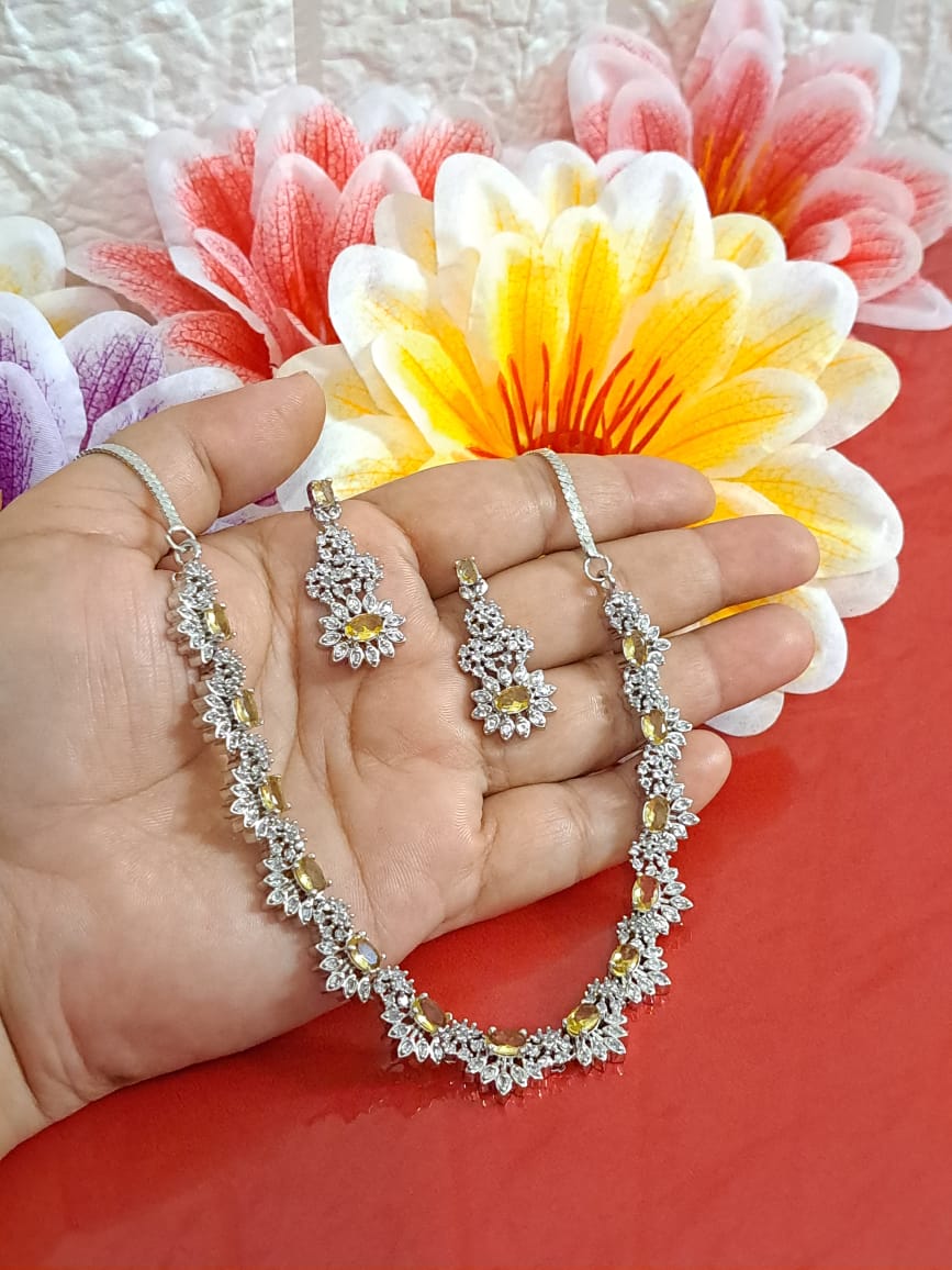 Elegant Slender Oval Stone with Half Flower Design AD Necklace - Yellow